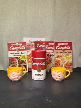 Campbell's Soup Thermos And 2 Dolly Dangle Mugs, 5 Recipe Books